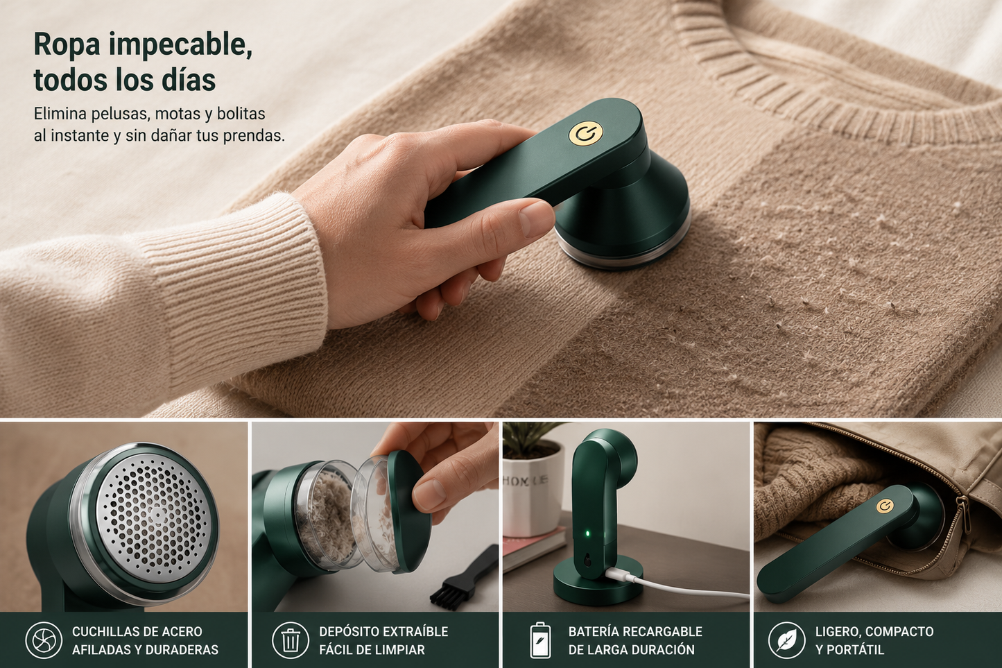 LintPro™ | Quitapelusas Recargable de Alta Precisión